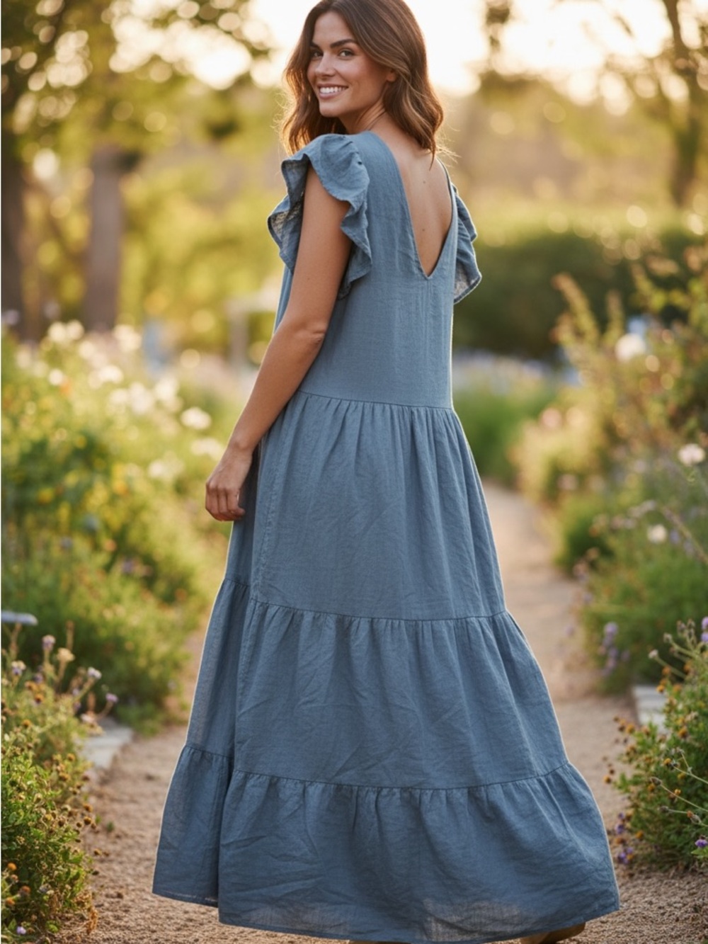 Universal Thread Dusty Blue Maxi Dress with Flutter Sleeves